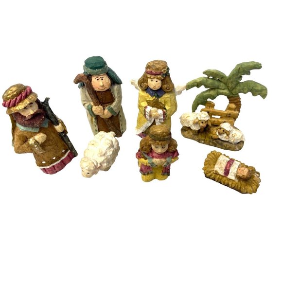 Nativity Figurines Carved Wood Hand Painted Christmas...